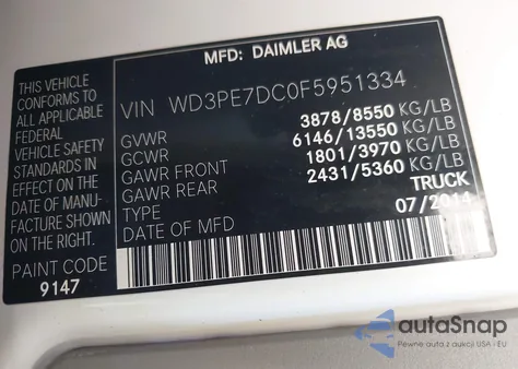 2015 Mercedes-Benz Sprinter 2500 Normal Roof из США, поврежденный, VIN WD3PE7DC0F5951334